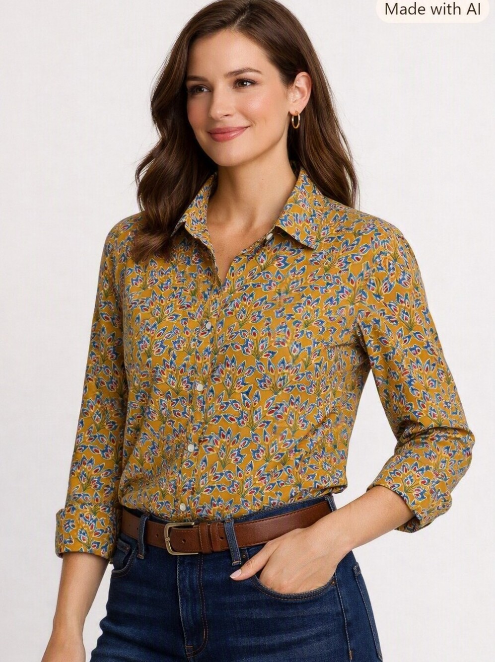 J.McLaughlin Mustard Red Leaf Print Cotton Button Down Shirt Size M